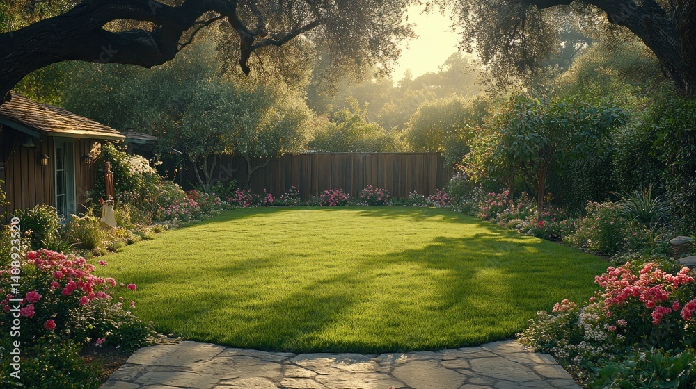 Lush backyard garden bathed in sunlight