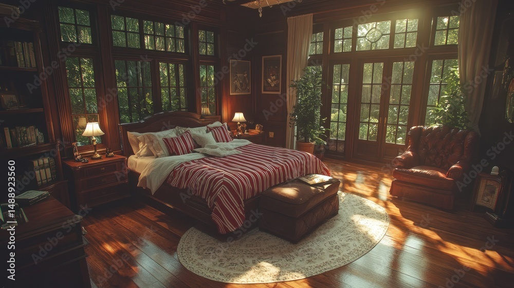 Luxurious bedroom with rich wood trim, sunlit windows, and a striped bedspread
