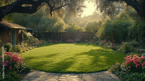 Lush backyard garden bathed in sunlight