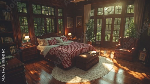 Obraz na płótnie Luxurious bedroom with rich wood trim, sunlit windows, and a striped bedspread w salonie