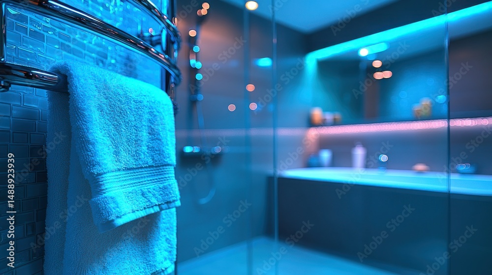 Modern bathroom with blue lighting, towel hanging