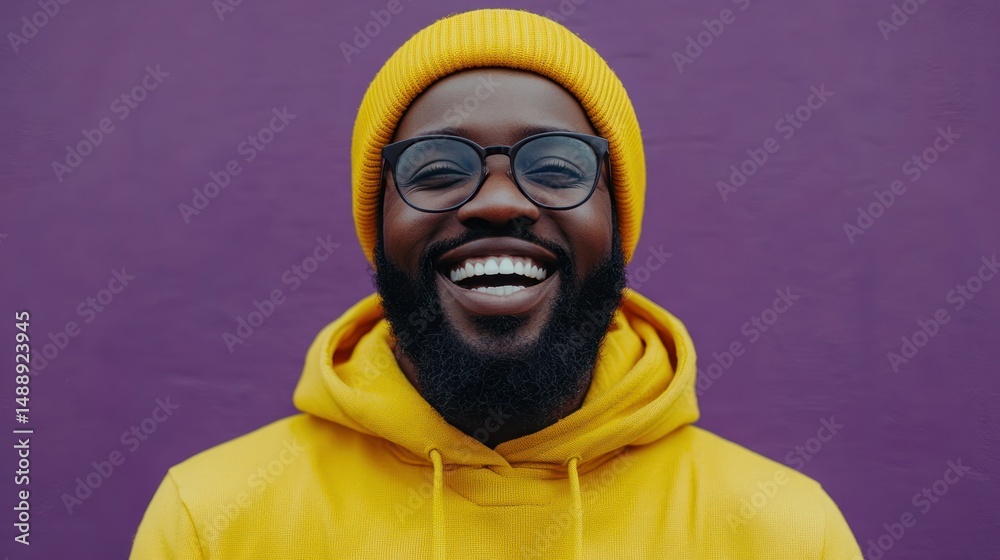 Man in yellow hoodie and hat smiles warmly against a vibrant purple backdrop