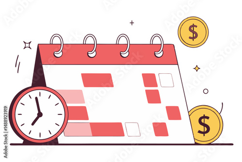 A modern vector illustration featuring a clock, a desk calendar with marked dates, and dollar coins, symbolizing time management, deadlines, scheduling, finance, payment dates, and financial planning.