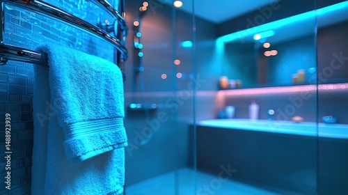 Obraz na płótnie Modern bathroom with blue lighting, towel hanging w salonie