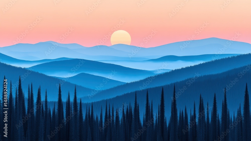Misty mountain range at sunrise