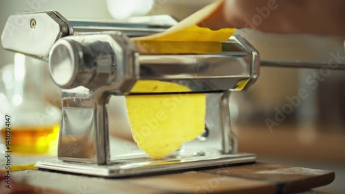A person rolls out sheets of dough through a pasta machine, preparing fresh pasta in a warm kitchen. The activity highlights the art of homemade cooking and culinary creativity