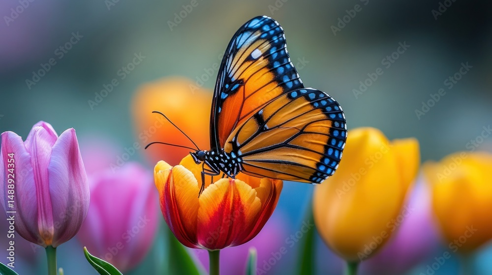 Monarch butterfly rests on vibrant tulip