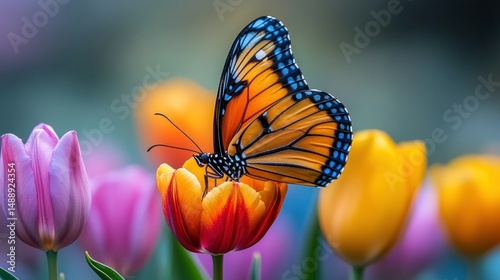 Obraz na płótnie Monarch butterfly rests on vibrant tulip w salonie