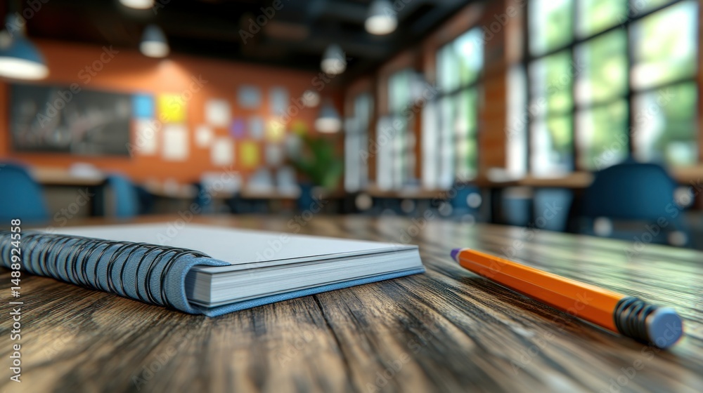 Notebook and pen on wooden table, modern cafe