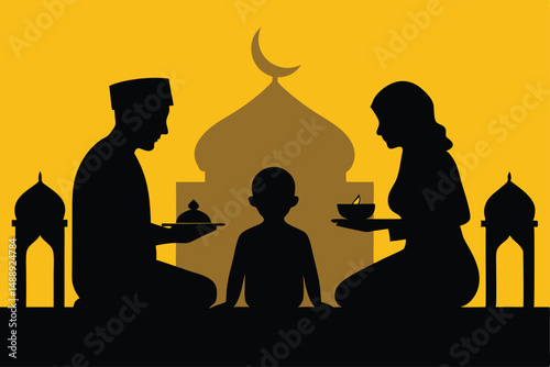 Romantic dinner illustration of a couple sitting at a restaurant table, with a woman in a red dress and a man, silhouetted against the cafe's evening glow