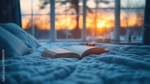 Open book on a bed, sunset view