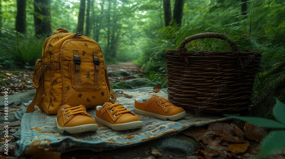Mustard-yellow backpack, shoes, and basket on a forest path