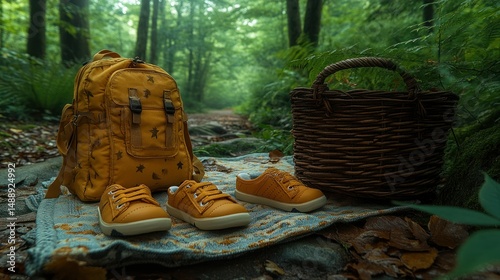 Obraz na płótnie Mustard-yellow backpack, shoes, and basket on a forest path w salonie