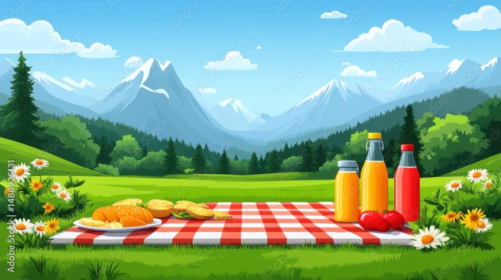 Picnic blanket in a grassy meadow, mountains in background