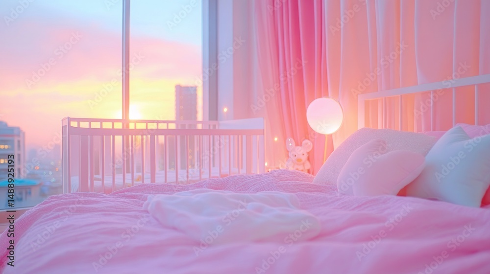 Pastel pink bedroom with sunrise view