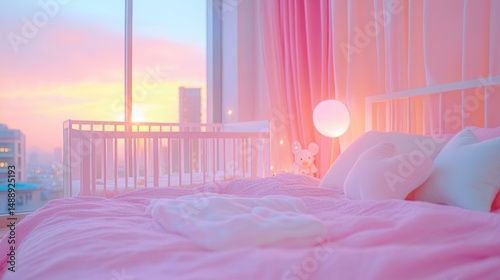 Pastel pink bedroom with sunrise view