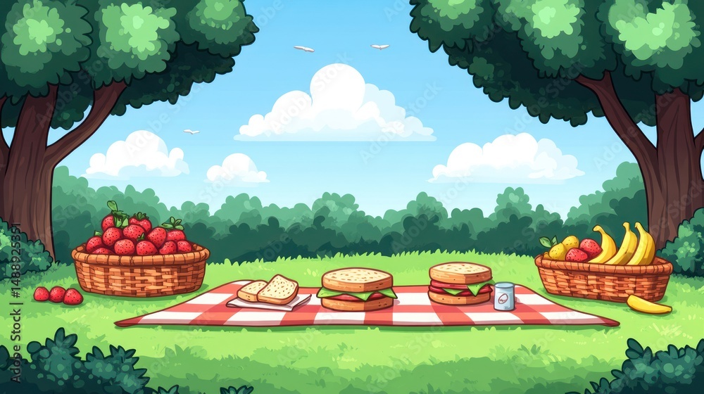 Picnic scene, sunny day, food in baskets