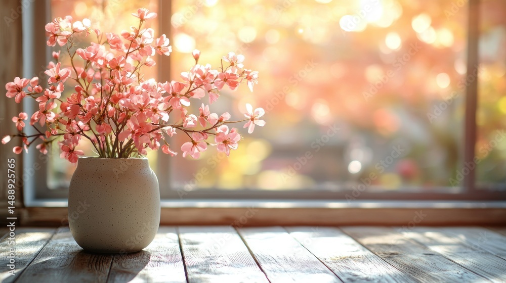 Pink blossoms in a vase by a window