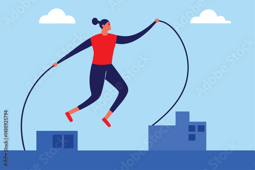 2d vector style illustration, person jumping with a hula hoop, minimalist background with buildings, flat design, bold colors, dynamic pose, whimsical, playful
