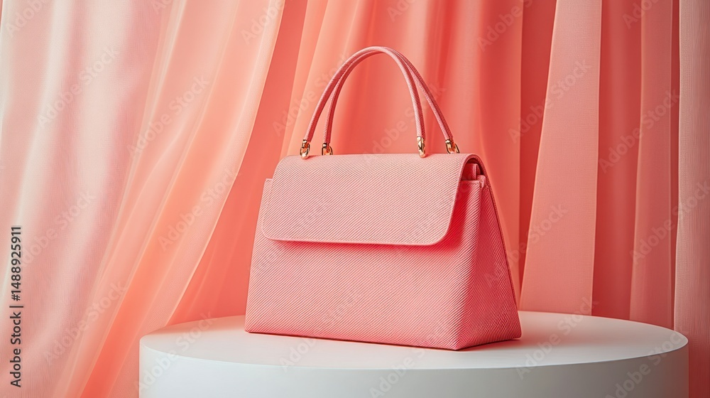 Pink handbag on white pedestal, peach backdrop