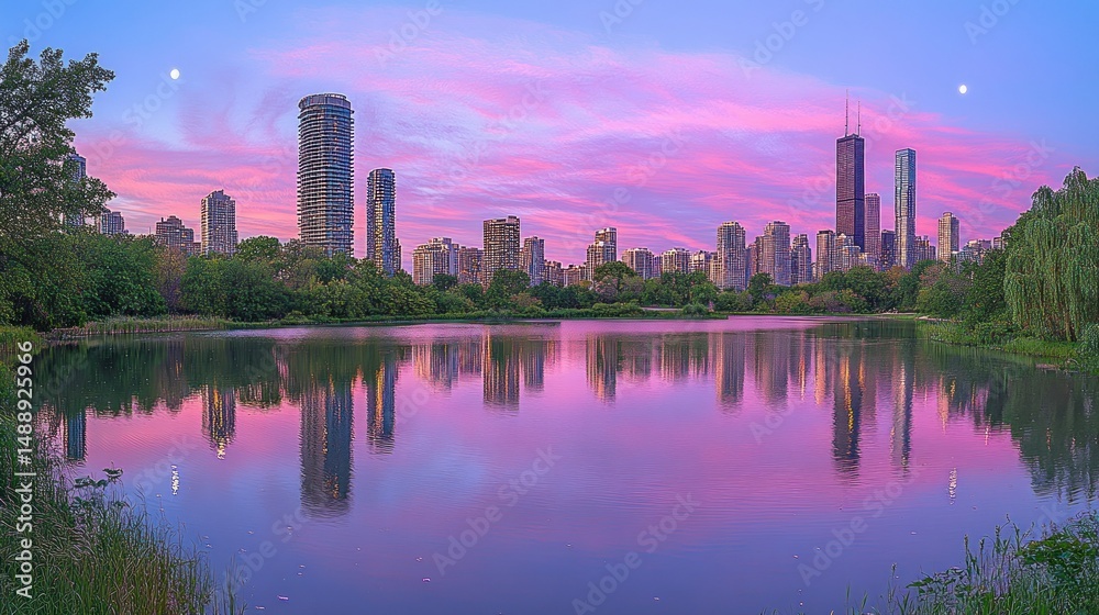 Pink sunset over city reflected in lake
