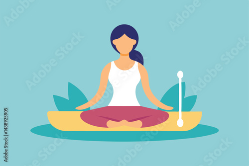 a young woman sitting in a yoga pose on a beach, peaceful expression, minimalist style, bright colors, digital art

