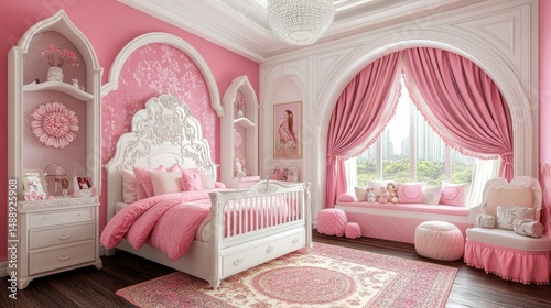 Obraz na płótnie Pink princess bedroom with arched windows w salonie