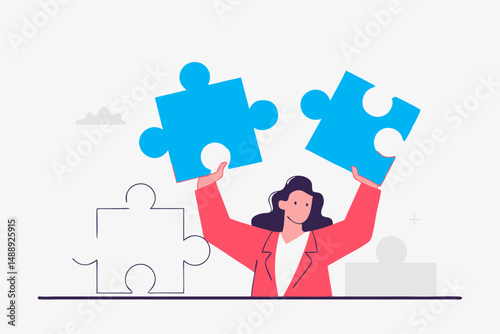 A cartoon illustration of a woman assembling a puzzle with two large blue pieces, with other puzzle pieces scattered around on a white background.