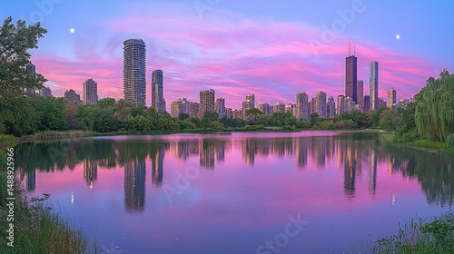 Obraz na płótnie Pink sunset over city reflected in lake w salonie