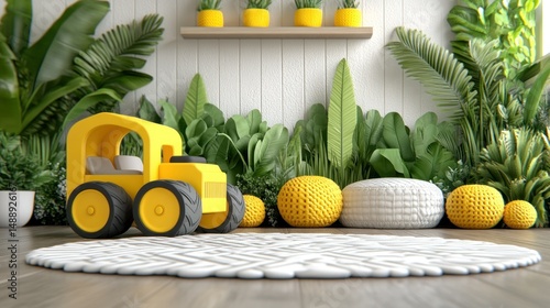 Playful yellow toy truck in a child's room surrounded by greenery and yellow accents