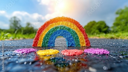 Rainbow painted on wet asphalt, vibrant colors, sunny day