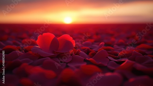 Obraz na płótnie Red rose petals blanket a field at sunset w salonie