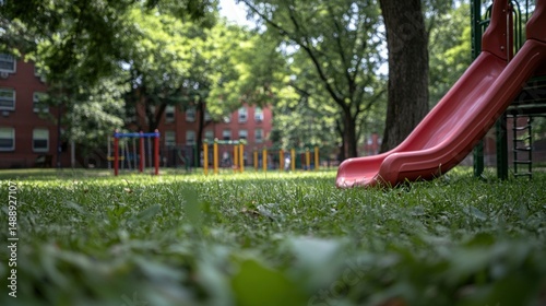 Red slide in a playground, grassy area, urban setting