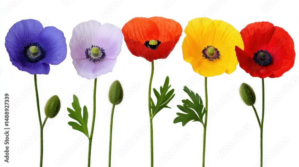 Fototapeta premium Assorted Colorful Poppy Flowers in a Row Isolated on White Background