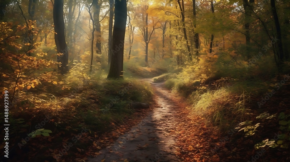 Fototapeta premium Golden autumn path in a sunlit forest