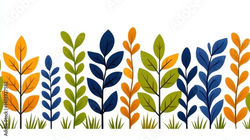 Colorful Leafy Plants Digital Art with Gold Green and Dark Blue Hues