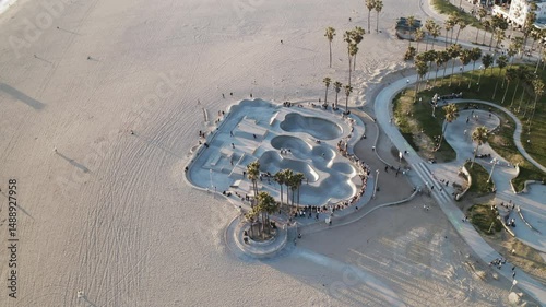 Aerial Panning Shot Of People At Venice Beach Skatepark - Santa Monica, California