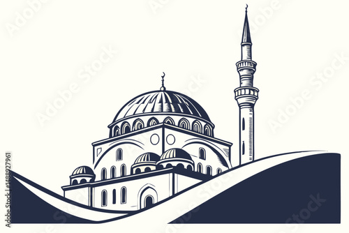 Vector Illustration of a Traditional Mosque with Minaret, Islamic Architecture, Minimalist Black and White Design for Creative Projects.