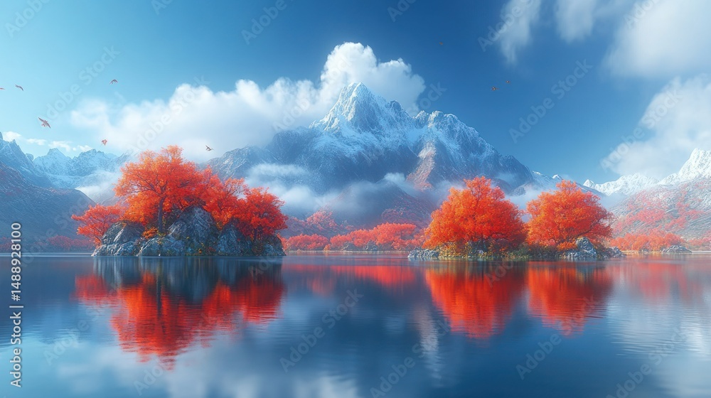 Serene autumnal lake, vibrant red trees, snow-capped peaks
