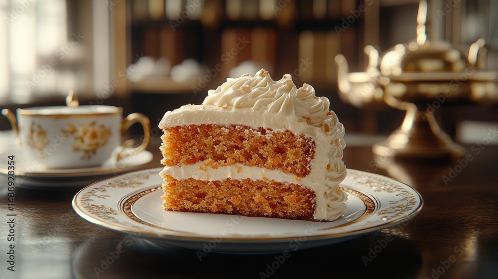 Slice of carrot cake on ornate plate, teacup nearby