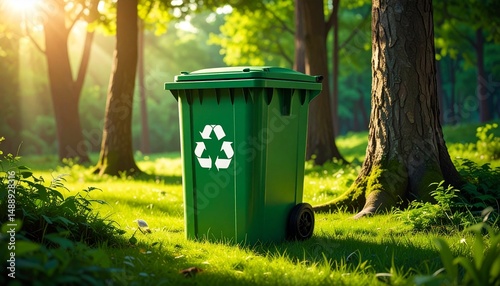 Green Recycling Bin in Lush Forest with Sunlight Filtering Through Trees Showing Commitment to Eco-Friendly Practices