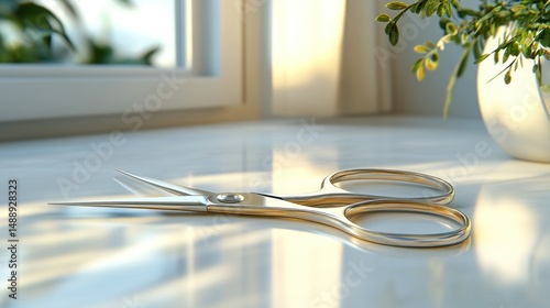 Sleek metal scissors rest on a windowsill, bathed in soft sunlight