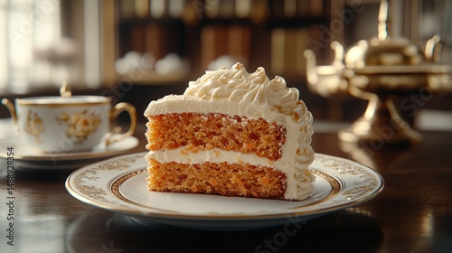 Obraz na płótnie Slice of carrot cake on ornate plate, teacup nearby w salonie