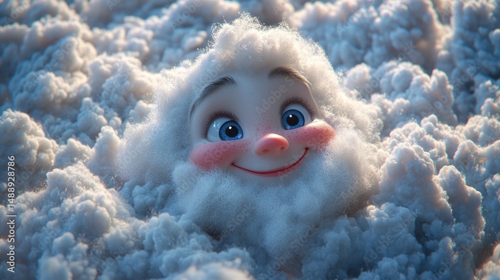 Smiling child face, fluffy white clouds