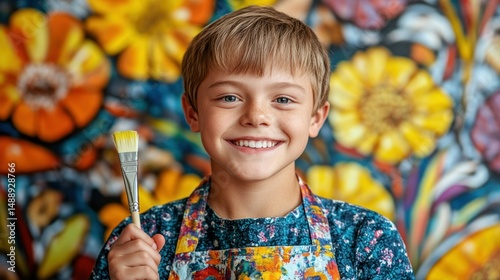 Smiling boy with paintbrush, colorful art background