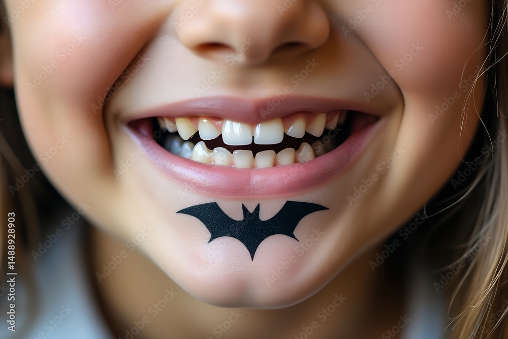 Fototapeta premium Young girl smiling with bat tattoo on chin and bright teeth