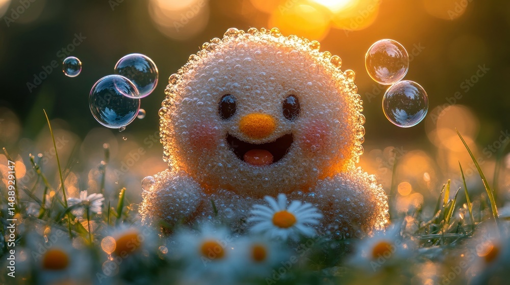 Smiling toy in grass, bubbles, sunset