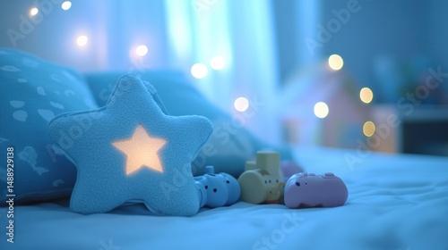 Soft blue star nightlight on a bed