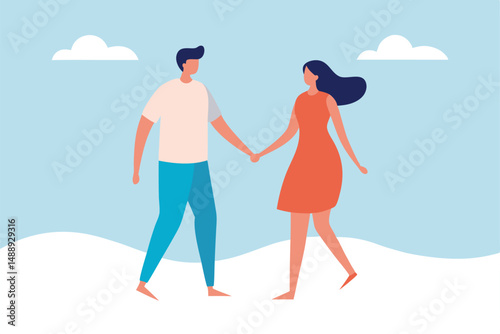 Young couple in winter fashion with child, a silhouette illustration on the beach