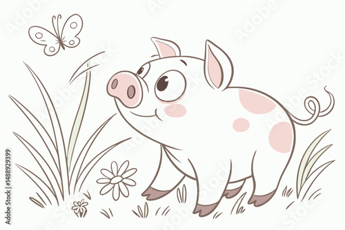Cartoon Piglet Watching Butterfly Illustration, Cute Pink Pig in Meadow Graphic for Children's Designs, isolated on white background.